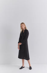 Black Linen Wrap Midi Dress with Long Sleeves, Collared Neckline, and Side Tie Detail