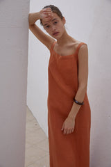 Sleeveless Linen Maxi Dress with Square Neckline and Back Slit for Warm Weather Styling