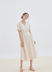Short Sleeve Button-Front Midi Dress Made from Premium Linen with Flattering Tailored Fit