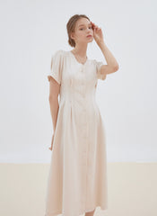Short Sleeve Button-Front Midi Dress Made from Premium Linen with Flattering Tailored Fit