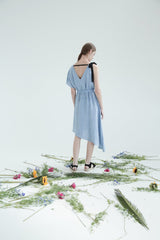 Asymmetric One-Shoulder Linen Dress with Contrast Ribbon Detail and Elastic Waist