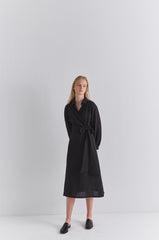 Black Linen Wrap Midi Dress with Long Sleeves, Collared Neckline, and Side Tie Detail