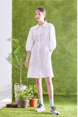 Button-Front Linen Shirt Dress With Puff Sleeves And Structured A-Line Silhouette