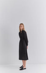 Black Linen Wrap Midi Dress with Long Sleeves, Collared Neckline, and Side Tie Detail