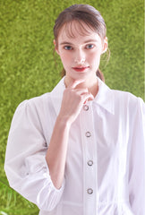 Button-Front Linen Shirt Dress With Puff Sleeves And Structured A-Line Silhouette