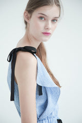 Asymmetric One-Shoulder Linen Dress with Contrast Ribbon Detail and Elastic Waist