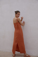 Sleeveless Linen Maxi Dress with Square Neckline and Back Slit for Warm Weather Styling