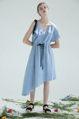 Asymmetric One-Shoulder Linen Dress with Contrast Ribbon Detail and Elastic Waist