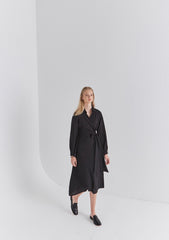 Black Linen Wrap Midi Dress with Long Sleeves, Collared Neckline, and Side Tie Detail