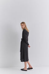 Black Linen Wrap Midi Dress with Long Sleeves, Collared Neckline, and Side Tie Detail