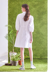 Button-Front Linen Shirt Dress With Puff Sleeves And Structured A-Line Silhouette