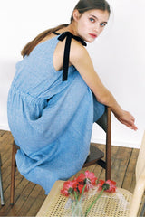 Asymmetric One-Shoulder Linen Dress with Contrast Ribbon Detail and Elastic Waist