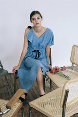 Asymmetric One-Shoulder Linen Dress with Contrast Ribbon Detail and Elastic Waist