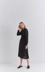 Black Linen Wrap Midi Dress with Long Sleeves, Collared Neckline, and Side Tie Detail