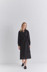 Black Linen Wrap Midi Dress with Long Sleeves, Collared Neckline, and Side Tie Detail