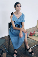 Asymmetric One-Shoulder Linen Dress with Contrast Ribbon Detail and Elastic Waist