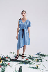 Asymmetric One-Shoulder Linen Dress with Contrast Ribbon Detail and Elastic Waist