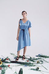 Asymmetric One-Shoulder Linen Dress with Contrast Ribbon Detail and Elastic Waist