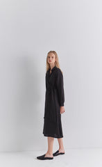 Black Linen Wrap Midi Dress with Long Sleeves, Collared Neckline, and Side Tie Detail
