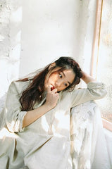 Vestido largo Elaine de lino y algodón con volantes