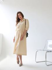 Button-Front Midi Linen Dress with Shirt Collar and Utility Pockets