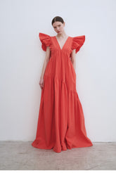 Ruffled Sleeve Linen Maxi Dress with Deep V-Neckline and Tiered Skirt