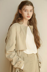 Women's Longline Linen Coat with Drawstring Waist, Cape Detail, and Button-Front Closure