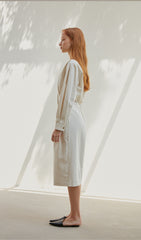 Women's Button-Down Midi Dress in Lightweight Linen with V-Neck and Elastic Back Waist Detail