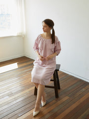 Elegant Linen Midi Dress with Puff Sleeves and Back Bow – Soft Relaxed Fit Women's Dress