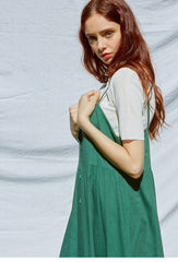 Button-Front Linen Midi Dress With Adjustable Straps And Fitted Bodice