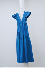 Linen Maxi Dress with Deep V-Neck and Tiered Flutter Sleeve Design