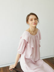 Elegant Linen Midi Dress with Puff Sleeves and Back Bow – Soft Relaxed Fit Women's Dress