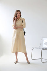 Button-Front Midi Linen Dress with Shirt Collar and Utility Pockets