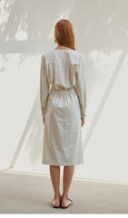 Women's Button-Down Midi Dress in Lightweight Linen with V-Neck and Elastic Back Waist Detail