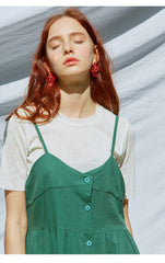 Button-Front Linen Midi Dress With Adjustable Straps And Fitted Bodice