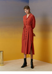 Women's Linen Button-Down Midi Dress with Lapel Collar and Waist Tie for Effortless Elegance