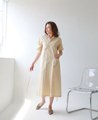 Button-Front Midi Linen Dress with Shirt Collar and Utility Pockets