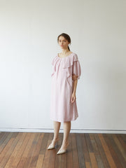 Elegant Linen Midi Dress with Puff Sleeves and Back Bow – Soft Relaxed Fit Women's Dress