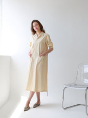 Button-Front Midi Linen Dress with Shirt Collar and Utility Pockets