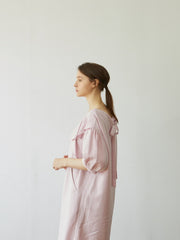 Elegant Linen Midi Dress with Puff Sleeves and Back Bow – Soft Relaxed Fit Women's Dress