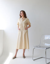 Button-Front Midi Linen Dress with Shirt Collar and Utility Pockets
