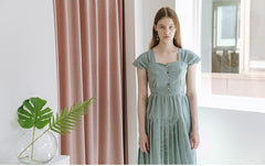 Flared Midi Linen Dress with Pleated Skirt and Cap Sleeves for Elegant Summer Outfits