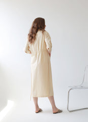 Button-Front Midi Linen Dress with Shirt Collar and Utility Pockets