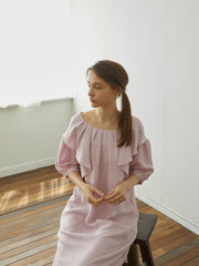 Elegant Linen Midi Dress with Puff Sleeves and Back Bow – Soft Relaxed Fit Women's Dress