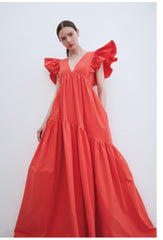 Ruffled Sleeve Linen Maxi Dress with Deep V-Neckline and Tiered Skirt