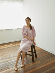 Elegant Linen Midi Dress with Puff Sleeves and Back Bow – Soft Relaxed Fit Women's Dress