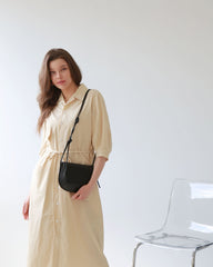 Button-Front Midi Linen Dress with Shirt Collar and Utility Pockets