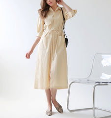 Button-Front Midi Linen Dress with Shirt Collar and Utility Pockets