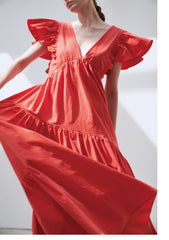 Ruffled Sleeve Linen Maxi Dress with Deep V-Neckline and Tiered Skirt