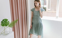 Flared Midi Linen Dress with Pleated Skirt and Cap Sleeves for Elegant Summer Outfits